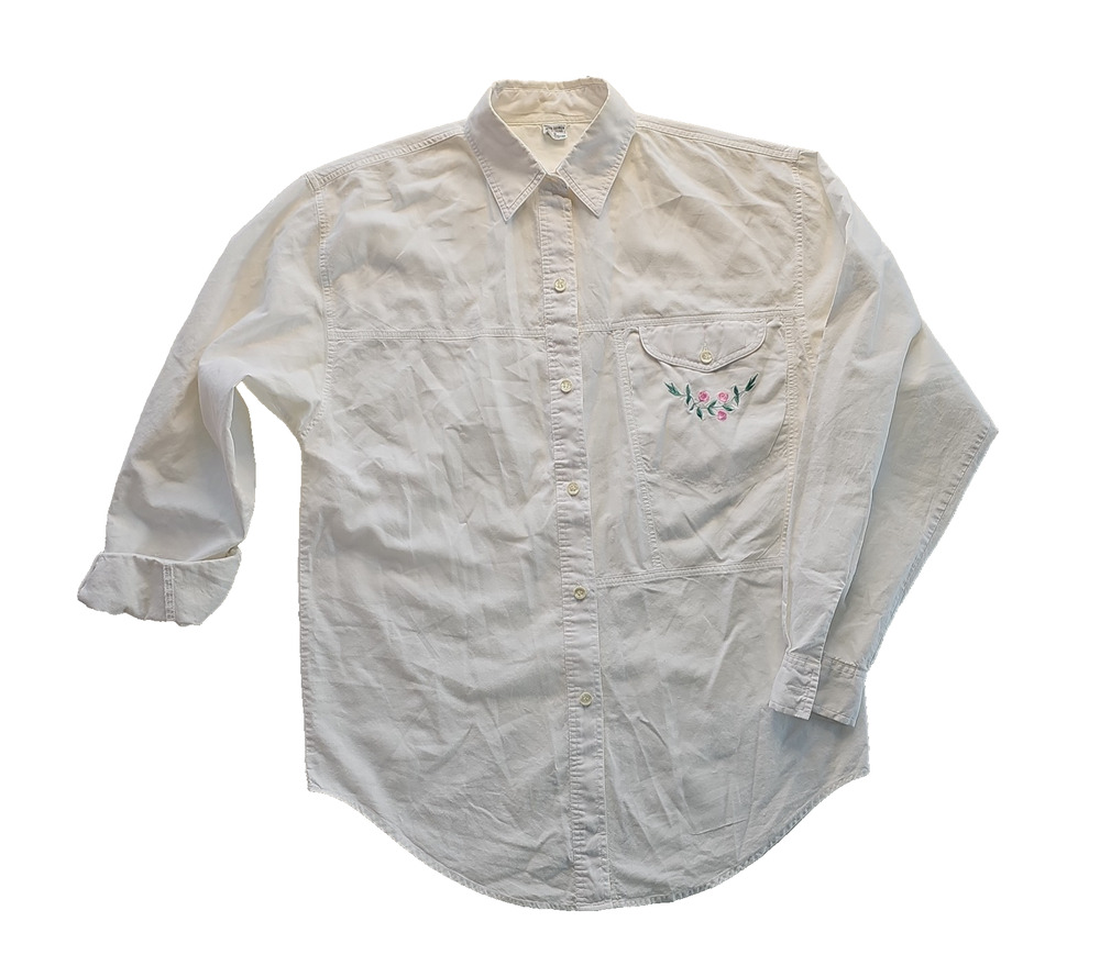 Vintage White Cotton Button Down Shirt Small Floral Rose Embroidered Pocket 90s